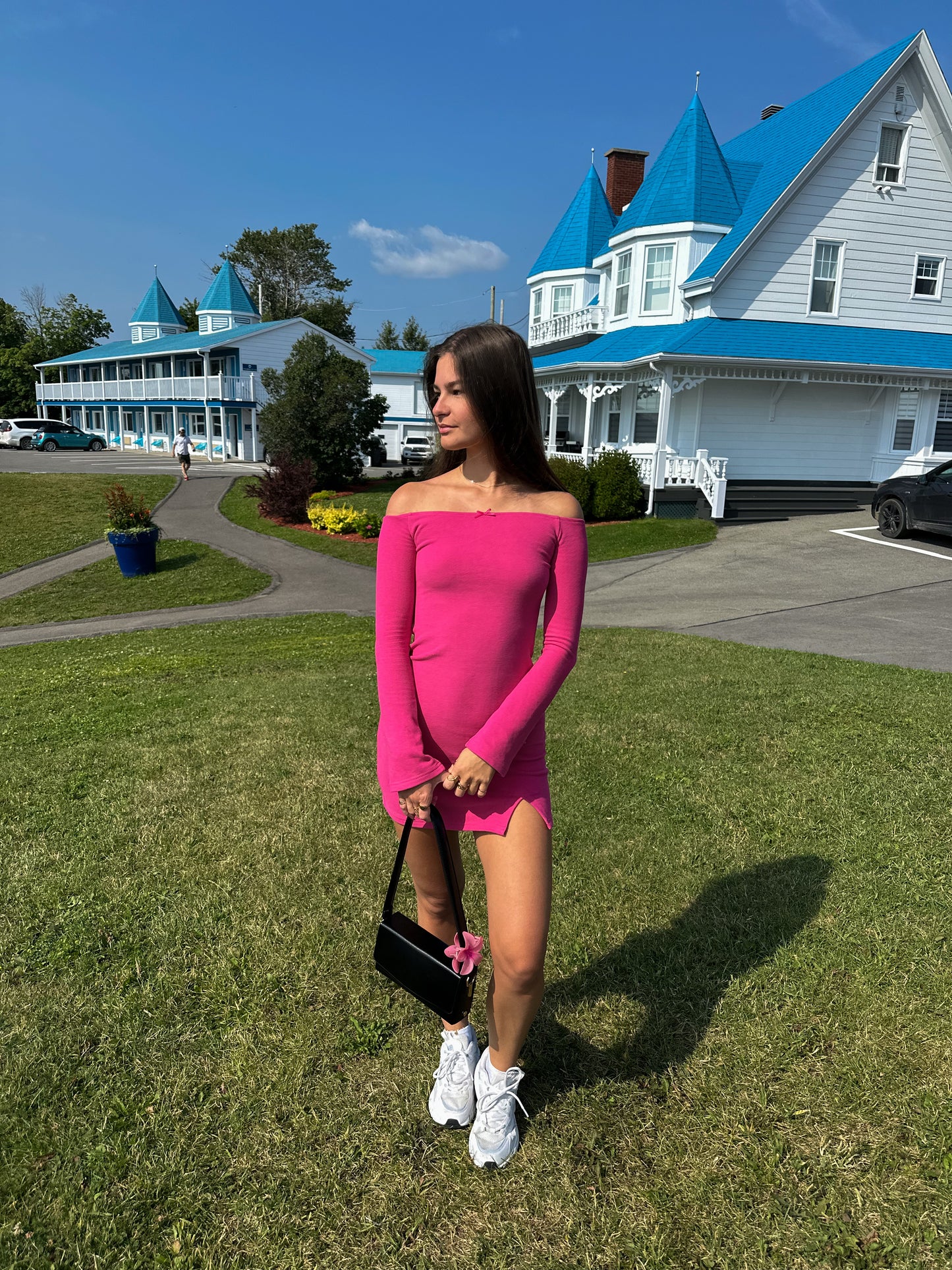 FUSHIA SOFT OFF-SHOULDER DRESS - HUG