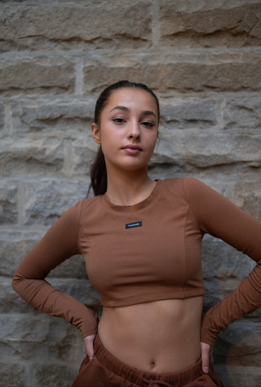 BROWN LONG SLEEVE CROP TOP - DARING