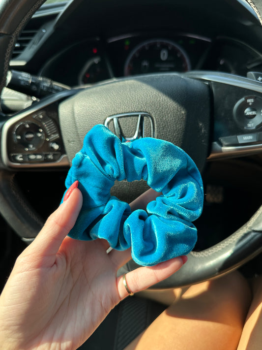 TURQUOISE BLUE HANDMADE SCRUNCHIES - SEWN BY CHLOE